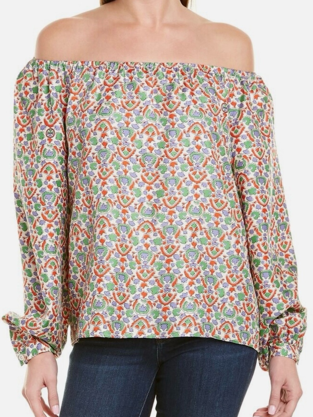 Tory Burch Printed Off The Shoulder Top 100% Silk Size 6